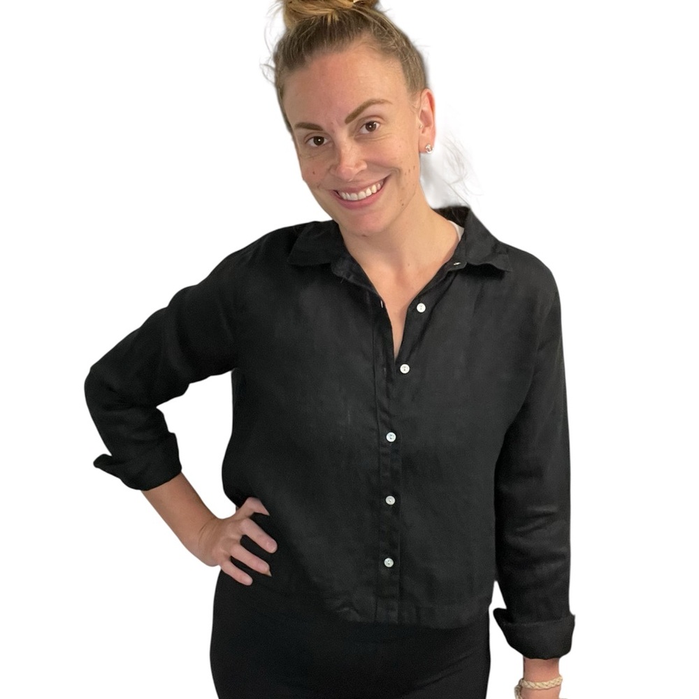 Joie Long Sleeved Linen Cropped Black Button-Up Shirt Vacation Resort Classic - Picture 4 of 11